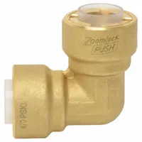 This brass push-to-connect elbow fitting from the ZoomLock series connects two 3/4 in OD tubes at a 90-degree angle. It is removable and reusable, requiring no special tools for installation. Suitable for pneumatic and fluid systems in industrial maintenance, assembly, and repair applications