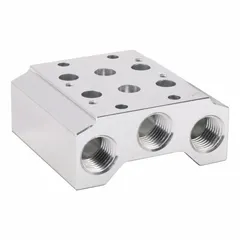 Side-ported body manifold with 2 valve ports, rated for 0°F to 122°F and 22 psi to 115 psi. Features Female 1/4 in NPT connections. Includes mounting hardware; DIN rail clamps not included. Used to consolidate pneumatic valve connections in industrial automation systems.