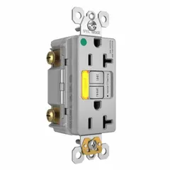 This hospital-grade duplex GFCI receptacle is rated 125V AC, 20 A, 2-pole/3-wire with a 5-20R configuration. It provides ground-fault protection for personnel in general-purpose receptacle applications where such protection is required. Suitable for use in patient-care areas, clinics, and laboratories.