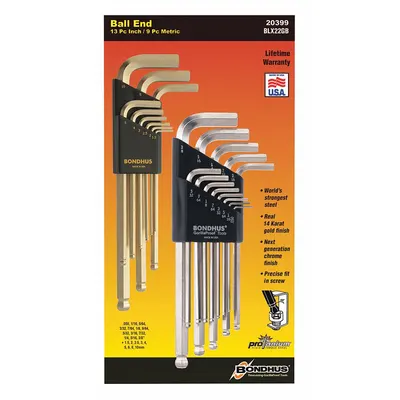 BONDHUS Hex Key Set: 16 or More Pieces, L, Metric and SAE, Single Ball End, Long - L-Shaped Hex Key Sets