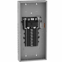 Indoor load center with 150A main circuit breaker, 120/240V AC, 1-phase, 24 spaces, and 22 kA short-circuit current rating. Supports up to 12 tandem breakers. Convertible plug-on neutral design. Enclosure cover ordered separately.