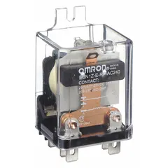 Surface-mounted relay with side flange mounting and square base. SPDT contact configuration rated 30 A at 28V DC resistive load and 240V AC. Quick-connect terminals for wiring. Suitable for switching high-current loads in industrial control panels, HVAC systems, and automation equipment.
