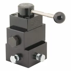 This lever-operated directional control valve features three positions and a manifold configuration with 1/4" NPT ports. It is used to direct hydraulic fluid flow in systems such as hydraulic power units, presses, and material handling equipment where manual flow control is required.