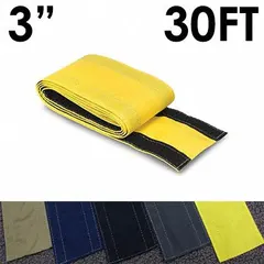 This fabric cable floor cover is made of yellow nylon with a hook-and-loop closure. It measures 3 inches in overall width and 30 feet in length. Designed for temporary cable routing and protection across walkways or work areas.