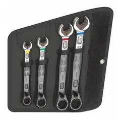 This set includes four metric combination wrenches with a 12-point ratcheting box end, covering head sizes from 10 mm to 19 mm. The wrenches are made of alloy steel with a nickel chrome finish. They are used for tightening and loosening metric fasteners in applications such as automotive repair and mechanical assembly.