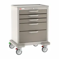 Steel cart with taupe cabinet and dark tan drawers. Configured with (2) swivel and (2) swivel with brake casters for mobility and stability. Used for organized storage and transport of medical supplies in healthcare settings.