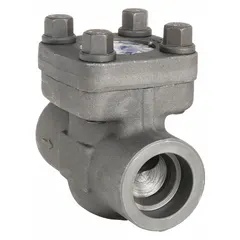 This forged steel inline piston check valve prevents reverse flow in piping systems. It features a 1 1/4 in pipe size with socket x socket female connections for inline installation. Suitable for industrial applications requiring reliable backflow prevention.