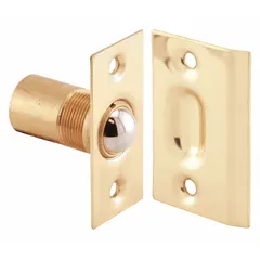 This brass ball bullet catch/strike is used to secure closet doors by holding them closed. It has an overall height of 2-1/8 inches and a barrel diameter of 11/16 inches. Suitable for residential or light commercial applications where a simple latch is needed.