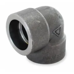 This 90° socket-weld pipe elbow is made from carbon steel and rated Class 3000 for extreme-pressure applications. It is used to change flow direction in high-pressure piping systems, providing a leak-resistant connection. Fitting pipe size is 4 in x 4 in.