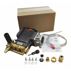 Direct-mount belt-driven triplex piston pump with hollow shaft and gas engine flange. Features oil bath lubrication, FNPT intake, and NPT discharge. Designed for pressure washing applications powered by a gasoline engine.