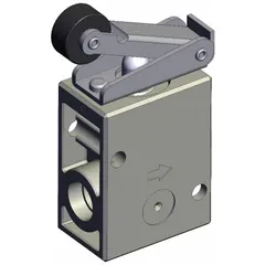 Roller-actuated 3-port manual air control valve from the VM Series. Features 1/4-inch ports and a maximum operating pressure of 1 MPa. Used in pneumatic circuits to direct compressed air flow, commonly in industrial automation and material handling where mechanical roller actuation is required.