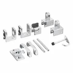 This in-swing door hardware kit is designed for use with plastic laminate bathroom partitions. The kit includes seven nut steps for installation. Suitable for commercial restroom applications requiring privacy and durability.
