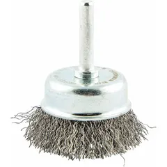 This cup brush features crimped steel fill with a 0.012 in fill diameter for light cleaning of carbon steel surfaces. The 1-3/4 in brush diameter and 1/4 in shank make it suitable for surface preparation and finishing in metal fabrication and maintenance tasks.