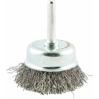 OEM Cup Brush: Crimped Steel, 1-3/4 in Dia, 1/4 in Shank, 0.012 in Fill - Light-Cleaning Brushes for Carbon Steel
