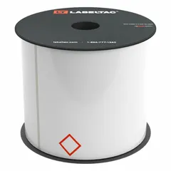 GHS die-cut label supply roll with pre-printed red GHS diamonds on vinyl, using acrylic adhesive. Compatible with LabelTac Pro X printer series. Used for printing custom GHS chemical labels to meet hazard communication requirements.