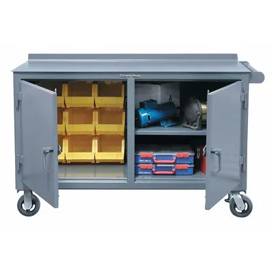 STRONG HOLD Mobile Cabinet Workbench: 60 in x 30 in, Steel, 4,800 lb Overall Load Capacity - Mobile Cabinet Benches with Shelves