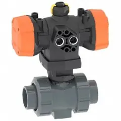 This pneumatically-actuated two-way ball valve is constructed of PVC with socket x socket connections. It is designed for on/off flow control in industrial piping systems handling compatible fluids. The pneumatic actuator enables remote or automated operation. Pilot solenoid voltage is not included.