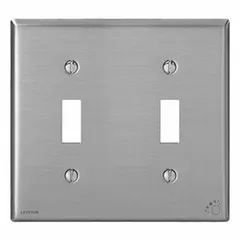 This 2-gang, standard-size wall plate is designed for toggle switches. Constructed from stainless steel with a silver finish, it provides a clean, finished appearance while protecting the switch box from dust and debris. Suitable for residential or commercial electrical installations.