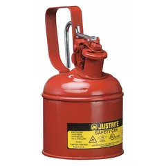 This Type I safety can is designed for storing and dispensing flammable liquids. It has a 1/4 gallon capacity and is constructed from powder coated steel in red. Typical applications include use in industrial facilities for safe handling and transfer of flammables.