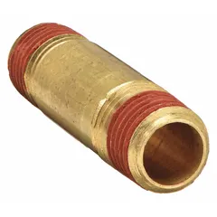 Brass pipe nipple with male NPT threads on both ends. Nominal pipe size 1/8 in, overall length 2 in. Rated for maximum operating pressure of 1,000 psi and maximum steam pressure of 1,000 psi. Used to connect threaded fittings in fluid and gas systems.
