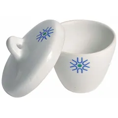 Glazed porcelain crucible with 65 mm diameter and 54 mm overall height. Autoclavable for sterile reuse. Suitable for high-temperature heating, melting, or ashing of samples in laboratory and industrial settings.