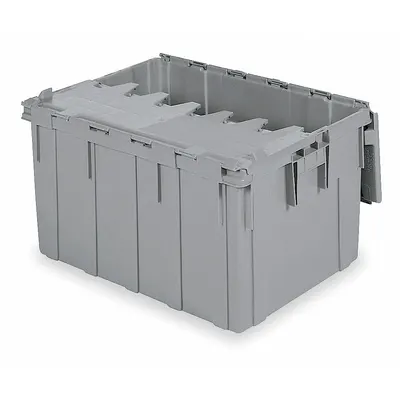 BUCKHORN Attached Lid Tote: 28 gal, 28 in x 21 in x 15 1/2 in, Gray Body, Gray Lid - Colored Attached-Lid Totes with Two-Piece Lids