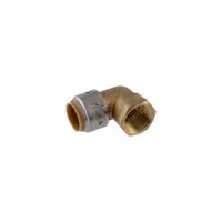 This brass push-to-connect elbow fitting connects 3/4 in copper, CPVC, or PEX tubing to 3/4 in female NPT threads. It enables 90-degree turns in plumbing systems without soldering or clamping. Suitable for use in water supply and distribution lines