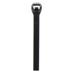 Black fine adjustment cable tie with 31-inch nominal length, 0.27-inch width, and 9-inch nominal maximum bundle diameter. Designed for outdoor use, the UV-resistant material withstands sunlight and weather exposure. Suitable for bundling and securing large cable groups in industrial environments. Supplied in a 50-piece pack.