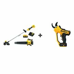 This combination kit includes a pruner for cutting branches and a blower delivering 125 mph max air speed and 450 cfm air flow for clearing leaves and debris. Powered by a 20V MAX* 5.0 Ah battery, it is suited for outdoor pruning and yard cleanup tasks.