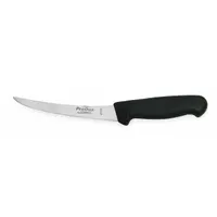 This boning knife features a 6-inch curved steel blade and a black sanitary polypropylene handle. It is NSF certified for use in food processing and professional kitchen environments, where it is used to separate meat from bone with precision