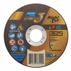 This NORTON Quantum 3 RightCut cut-off wheel is a Type 1 wheel measuring 4-1/2 inches in diameter, 0.045 inches thick, with a 7/8-inch arbor hole. It features ceramic grain in 36 grit, engineered for cool-cutting performance on carbon and stainless steel. Commonly used in fabrication, maintenance, and metalworking for fast, clean cuts with reduced heat buildup.