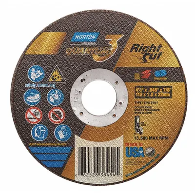 NORTON Abrasive Cut-Off Wheel: Type 1, 4 1/2" x 0.045" x 7/8", Ceramic, 36 Grit - Cool-Cutting Cut-Off Wheels for Carbon & Stainless Steel