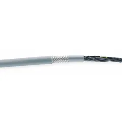 This shielded continuous flexing exposed run tray cable features 16 AWG conductors and a gray PVC jacket. It is designed for use in cable carriers or tracks where repeated bending and flexing occur. Minimum bend radius factor is 7.5 x OD for fixed installations and 8 x OD for flexible applications.