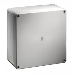 This nonmetallic enclosure is constructed from fiberglass reinforced polycarbonate with a solid cover secured by screws. It measures 5 in x 5 in x 3 in and carries a NEMA 4X rating for protection against corrosion, moisture, and dust. Suitable for indoor or outdoor use in environments where these conditions are present. No knockouts are provided.