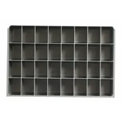 Gray insert for Large Compartmented Boxes with 32 fixed compartments, each 2-1/8 in x 2-27/32 in. Designed to organize small parts, fasteners, and hardware in industrial storage systems, workshops, assembly lines, and maintenance facilities. Compatible with DURHAM MFG model 123-95.