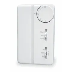 Analog thermostat for fan coil units in heat and cool applications. Features slide switch control with system settings Cool-Heat-Off, fan speeds Hi-Med-Low, and SPDT switch action (open/close on rise). Temperature range 50° to 90°F, operates on 24 to 277V AC. Suitable for 4-pipe systems with Smart Energy Management.
