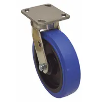 This swivel plate caster features a corrosion-resistant blue finish and a kingpinless design for enhanced durability. The 6-inch diameter polyurethane wheel provides smooth rolling and floor protection. Suitable for light-to-medium-duty industrial carts, racks, and equipment in wet or washdown environments
