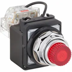 Red LED pilot light for 30 mm panel mounting. Rated 24 V AC/DC maximum supply voltage. Includes push-to-test function for verifying lamp operation. Used as an indicator in industrial control panels to signal equipment status.