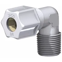 Acetal copolymer male elbow compression connector for 1/4 in OD tubing with 1/8 in MNPT thread, rated at 220 psi. White color, FDA certified. Used in food-grade, beverage, and pharmaceutical lines for 90-degree connections.
