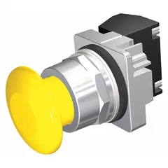 Momentary-action mushroom-head push button with a 30 mm non-metallic profile. Features pressure plate terminal connection. Suitable for use as a control switch in industrial machinery and control panels.