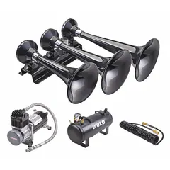 Air-powered horn kit operating on 12V DC with a maximum air pressure of 110 psi. Features a black painted finish and 1/4 inch diameter inlet. Includes mounting hardware for installation. Suitable for use on trucks, buses, and other vehicles requiring a loud audible warning signal.