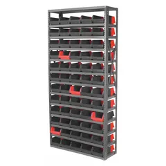 Steel-framed stationary shelving unit with 60 open-front polymer bins (4 x 6-3/4 x 11-5/8 in each) in black and red. One-sided design with indicator bins for visual inventory management. Suitable for organizing small parts, fasteners, and tools in industrial storage areas.
