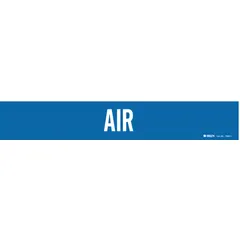 Blue adhesive pipe marker with white 'Air' legend, designed for pipe outer diameters from 2-1/2 to 7-7/8 inches. Supplied without arrows, each unit contains one marker for identifying compressed air lines in industrial piping systems.