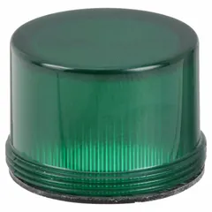 Green plastic pilot-light lens with concentric rings for Class 52 series. Fits 30 mm panel mounting holes. Used as a visual indicator on industrial control panels to signal machine status or alarm conditions.