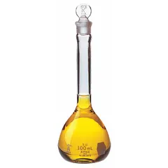 This 200 mL volumetric flask from KIMBLE features a conical shape and colorless borosilicate glass conforming to USP Type I. With a tolerance of +/-0.10 mL and compatibility with stopper size 16, it is used for precise liquid measurement and preparation of standard solutions in analytical and general laboratory work. The flask includes a closure.