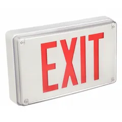 Red LED exit sign with one face, aluminum housing, and white trim. Includes emergency battery backup with nickel cadmium batteries. Operates at 120/277 V AC. Overall height 8 3/4 inches. Suitable for high-traffic or harsh environments requiring durable egress marking.
