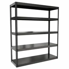 This extra-heavy-duty boltless shelving unit is constructed of steel with a black powder-coated finish. It features an open side panel, angle beam profile, and solid steel decking. The maximum post load capacity is 6,000 lb with beams evenly spaced at 21 in. Suitable for industrial storage of heavy parts, tools, and palletized goods in warehouses and manufacturing facilities.