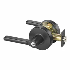 This cylindrical lockset is designed for classroom and interior doors in educational and commercial facilities. It features a TB lever style, Black Suede powder coated finish on cast zinc, and is ADA compliant. Meets ANSI A156.2 function code. Not ligature-resistant and has no visual indicator.