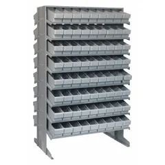Steel frame pick rack with 144 open-front gray bins, each 4-5/8 in x 3-3/4 in x 11-5/8 in, arranged on 16 shelves across 2 usable sides. Suitable for organizing small parts and inventory in warehouses and distribution centers.