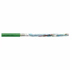 This servo motor feedback cable features a green PUR jacket and conductor grouping of (2) pair 26 AWG and (2) 22 AWG, without ground. It is sold by the foot and has a minimum bend radius factor of 8 x OD for fixed installation and 12 x OD for flexible installation. Typical applications include signal transmission from encoders or resolvers to drives in industrial automation, continuous-flexing cable carriers, robotics, and machine tools.
